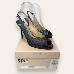 Jimmy Choo Anthracite Lame Glitter Slingback Heels Peeptoe Stiletto 38.5 Women’s